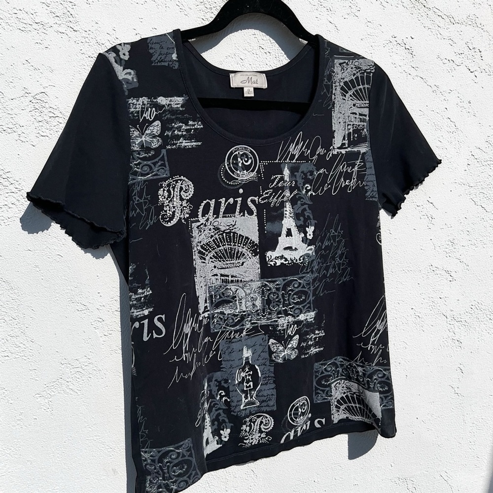 Paris Graphic Sheer Mesh Top Black Y2K Parisian Script Tee L